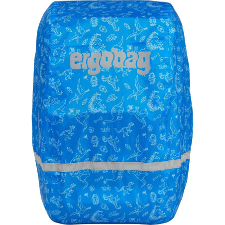 Helle blaue Rucksackhülle mit weißen Kritzelmotiven und grauem ergobag-Logo auf der Vorderseite.