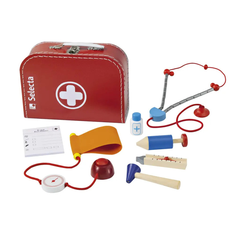 Spielarztkoffer mit rotem Etui, Stethoskop, Spritze, Medizinflasche und weiteren Medizinwerkzeugen. Spielarztkoffer mit rotem Etui, Stethoskop, Spritze, Medizinflasche und weiteren Medizinwerkzeugen.