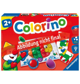 Colorino-Spielschachtel mit bunten Knöpfen, Comicfigur, Altersangabe 2+ und deutschem Text.