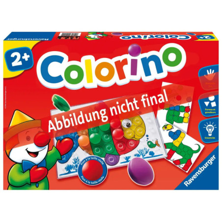 Colorino-Spielschachtel mit bunten Knöpfen, Comicfigur, Altersangabe 2+ und deutschem Text. Colorino-Spielschachtel mit bunten Knöpfen, Comicfigur, Altersangabe 2+ und deutschem Text.