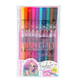Zwölf bunte Fineliner in Klarsichtetui mit Cartoon-Motiv und TOPModel Fineliner-Aufdruck.