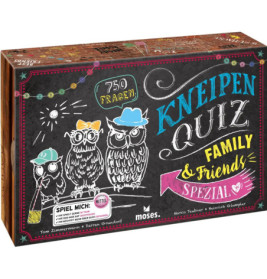Bunte Box des Kneipen Quiz Family & Friends Spezial mit drei Cartoon-Eulen und Kreidezeichnungen.