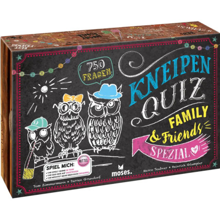Bunte Box des Kneipen Quiz Family & Friends Spezial mit drei Cartoon-Eulen und Kreidezeichnungen. Bunte Box des Kneipen Quiz Family & Friends Spezial mit drei Cartoon-Eulen und Kreidezeichnungen.