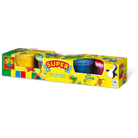 SES Super Knetbox mit gelben, grünen, blauen und pinken Dosen, verziert mit Tiermotiven.