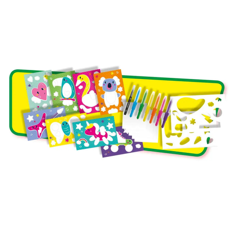 Farbiges Kinder-Kunstset mit Filzstiften, Tierkarten, Schablonen und grüner-gelber Matte.