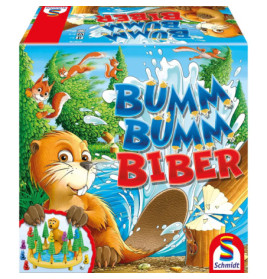 Box des Spiels Bumm Bumm Biber mit Cartoon-Biber, Wasserspritzern und Bäumen auf dem Cover.