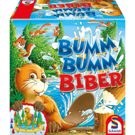 Box des Spiels Bumm Bumm Biber mit Cartoon-Biber, Wasserspritzern und Bäumen auf dem Cover.