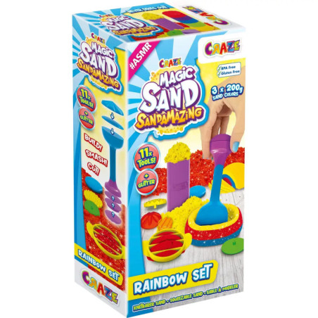 Craze Magic Sand Regenbogen Set: Buntes Sandspielzeug mit Werkzeugen und Formen für Kinder. Craze Magic Sand Regenbogen Set: Buntes Sandspielzeug mit Werkzeugen und Formen für Kinder.