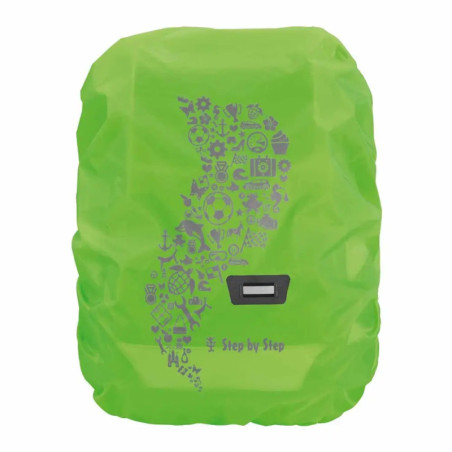 Hellgrüne Rucksackhülle mit grauen Symbolen und Step by Step-Aufdruck auf der Vorderseite.