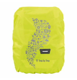 Gelbe Rucksack-Regenhülle mit grauen Icons und Step by Step Logo auf der Vorderseite.