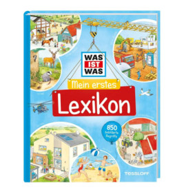 Cover von Mein erstes Lexikon, einer deutschen Kinder-Enzyklopädie mit Illustrationen und blauem Rand.