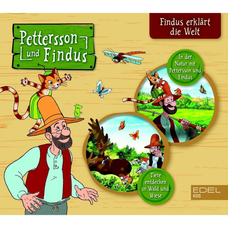 Cartoon von Pettersson und Findus mit Waldtieren, Insekten und Flugzeug auf buntem Hintergrund. Cartoon von Pettersson und Findus mit Waldtieren, Insekten und Flugzeug auf buntem Hintergrund.