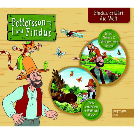 Cartoon von Pettersson und Findus mit Waldtieren, Insekten und Flugzeug auf buntem Hintergrund.
