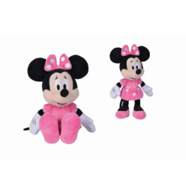 Zwei Minnie-Maus-Plüschfiguren mit rosa Kleid und Schleife, eine sitzt, eine steht auf weißem Hintergrund.