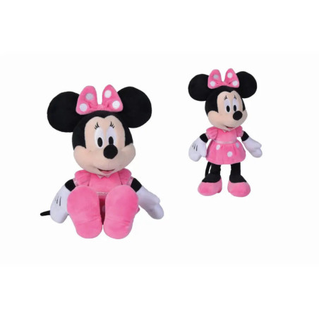 Zwei Minnie-Maus-Plüschfiguren mit rosa Kleid und Schleife, eine sitzt, eine steht auf weißem Hintergrund. Zwei Minnie-Maus-Plüschfiguren mit rosa Kleid und Schleife, eine sitzt, eine steht auf weißem Hintergrund.