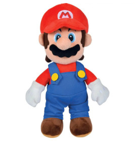 Plüschfigur eines bärtigen Charakters mit rotem Hut, rotem Shirt, blauer Latzhose und weißen Handschuhen.