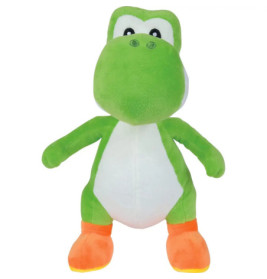 Grünes Plüsch-Dinosaurier-Spielzeug mit weißem Bauch und orangen Füßen vor weißem Hintergrund, frontal stehend.