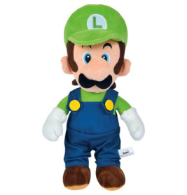 Plüschfigur von Luigi aus Super Mario mit grünem Hut, grünem Shirt und blauer Latzhose.
