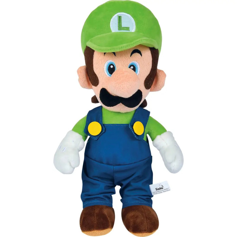 Plüschfigur von Luigi aus Super Mario mit grünem Hut, grünem Shirt und blauer Latzhose.