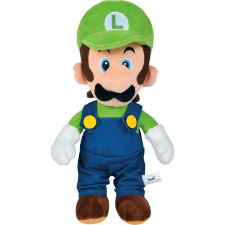 Plüschfigur von Luigi aus Super Mario mit grünem Hut, grünem Shirt und blauer Latzhose.
