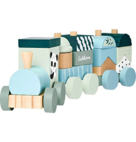 Holzeisenbahn in Pastellblau und -grün mit einem Panda-Motiv auf einem der Bausteine.