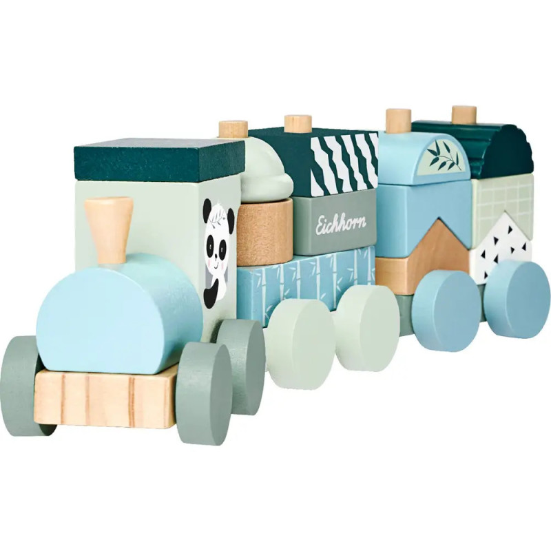 Holzeisenbahn in Pastellblau und -grün mit einem Panda-Motiv auf einem der Bausteine.