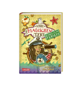 Buntes deutsches Kinderbuchcover mit Mädchen im Matrosenhut, Hund und verspielten maritimen Illustrationen.