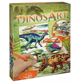 Dinosaurier-Bastelset mit bunten Dino-Motiven und Perlen, geeignet für Kinder ab 7 Jahren.