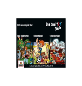 Boxcover von Die drei ??? Kids mit drei Abenteuerszenen: Drache, Fußball und Geister.