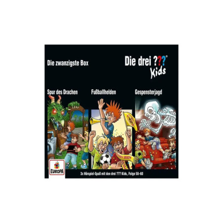 Boxcover von Die drei ??? Kids mit drei Abenteuerszenen: Drache, Fußball und Geister. Boxcover von Die drei ??? Kids mit drei Abenteuerszenen: Drache, Fußball und Geister.