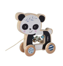 Holz-Ziehtier in Pandaform mit vier Rädern sowie Perlen und Glöckchen in der Mitte.