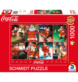 Coca-Cola Schmidt Puzzle mit 1000 Teilen, zeigt verschiedene nostalgische Weihnachtsmann-Motive auf rotem Hintergrund.