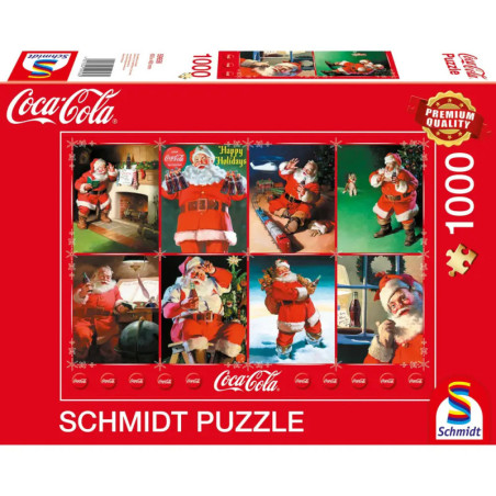 Coca-Cola Schmidt Puzzle mit 1000 Teilen, zeigt verschiedene nostalgische Weihnachtsmann-Motive auf rotem Hintergrund.