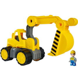 Gelber Spielzeugbagger mit schwarz gestreifter Schaufel und Bauarbeiterfigur mit gelbem Helm.