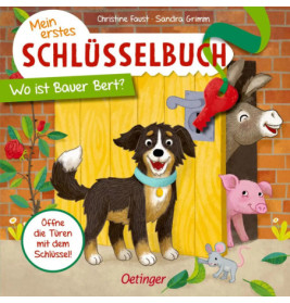 Illustration von Hund, Esel, Schwein und einer Tür mit rotem Schlüssel auf einem deutschsprachigen Kinderbuchcover.