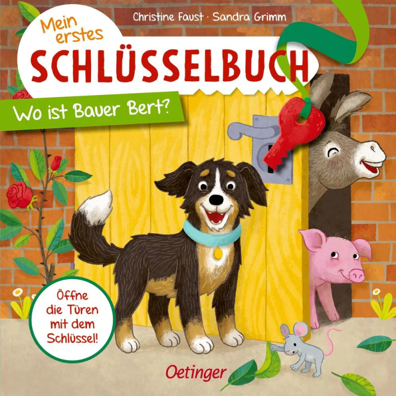 Illustration von Hund, Esel, Schwein und einer Tür mit rotem Schlüssel auf einem deutschsprachigen Kinderbuchcover. Illustration von Hund, Esel, Schwein und einer Tür mit rotem Schlüssel auf einem deutschsprachigen Kinderbuchcover.