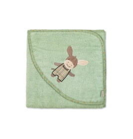 Grünes Baby-Kapuzenhandtuch mit aufgesticktem Cartoon-Hasen im karierten Outfit auf der Vorderseite.