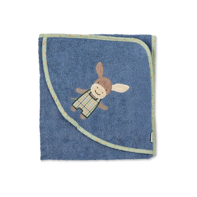 Blaues Babytuch mit grünem Saum und Kapuze, bestickt mit einem Esel in karierten Latzhosen. Blaues Babytuch mit grünem Saum und Kapuze, bestickt mit einem Esel in karierten Latzhosen.