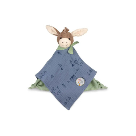 Kuscheltuch Esel mit blau gemustertem Stoff und grünen Akzenten, freigestellt vor weißem Hintergrund.