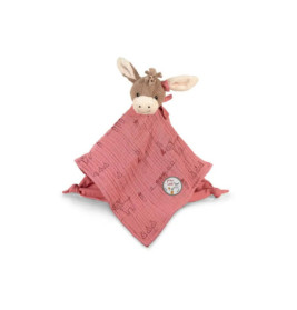 Rosa Baby-Schmusetuch mit Plüscheselkopf und Muster, dargestellt vor weißem Hintergrund.