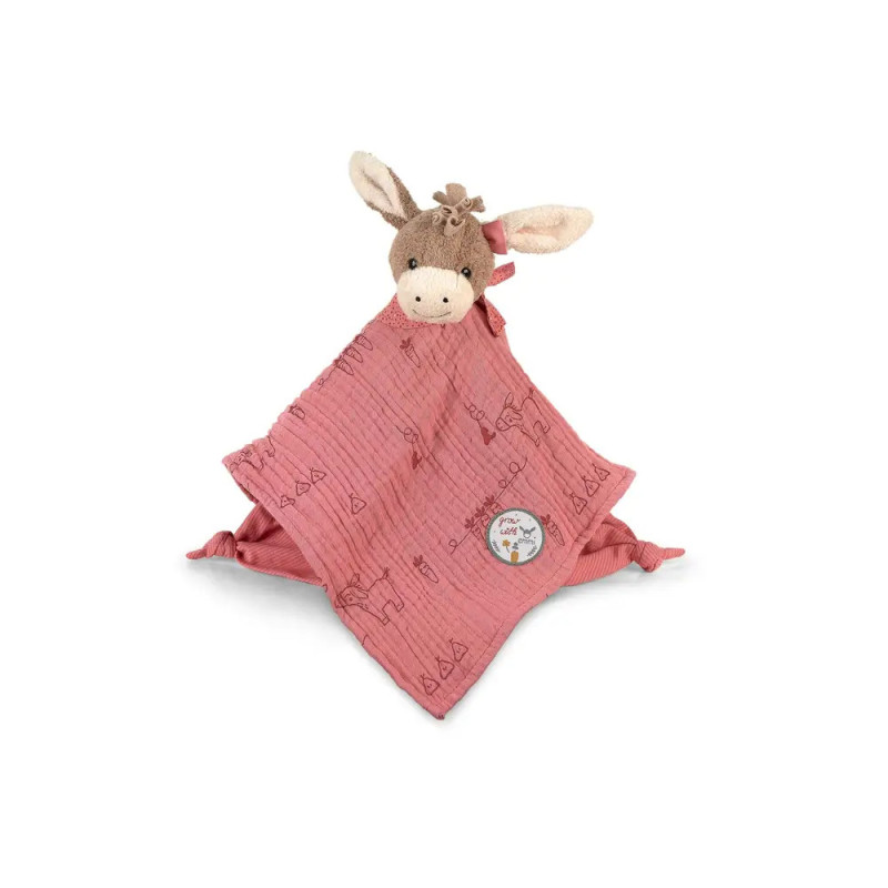 Rosa Baby-Schmusetuch mit Plüscheselkopf und Muster, dargestellt vor weißem Hintergrund. Rosa Baby-Schmusetuch mit Plüscheselkopf und Muster, dargestellt vor weißem Hintergrund.
