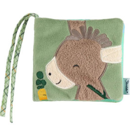Weiches, grünes Babybuch mit gesticktem Esel, einer Möhre und gemusterten Stoffbändern.