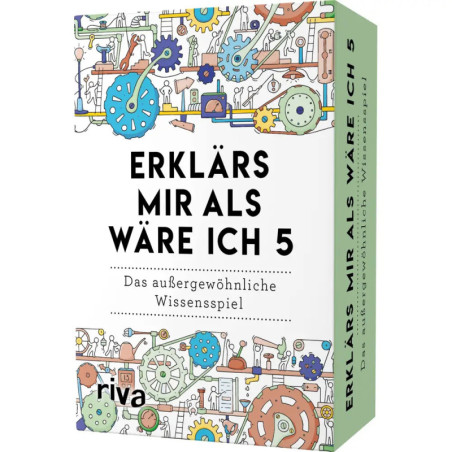 Spielschachtel mit verspielten Kritzeleien und dem deutschen Titel: ERKLÄRS MIR ALS WÄRE ICH 5 - Wissensspiel.
