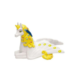 Weißes Einhorn-Spielzeug mit Flügeln, gelbem Haar, grünen Augen und bunten Punkten als Dekoration.