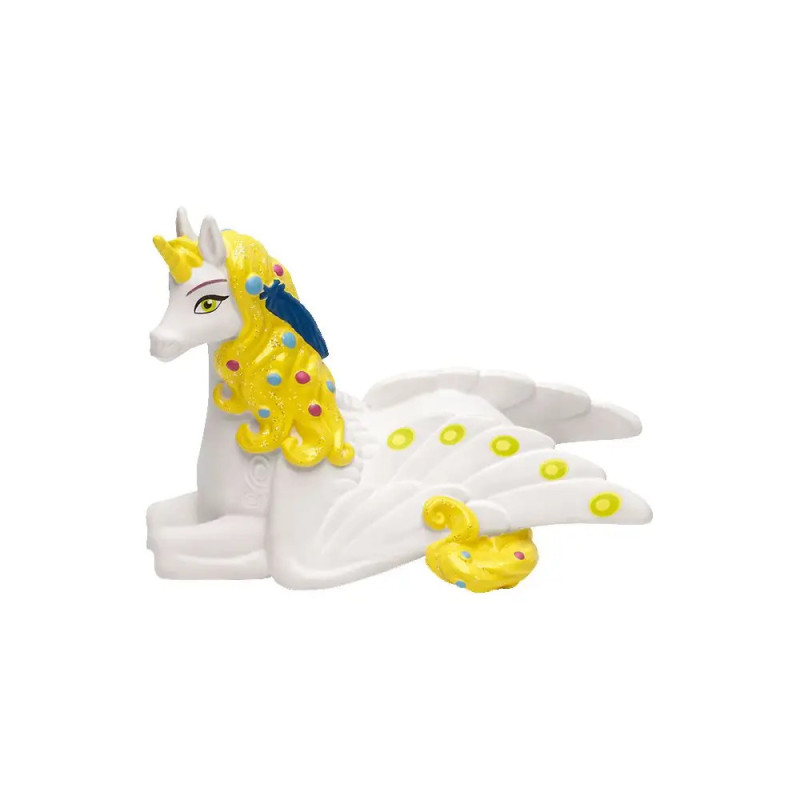 Weißes Einhorn-Spielzeug mit Flügeln, gelbem Haar, grünen Augen und bunten Punkten als Dekoration.