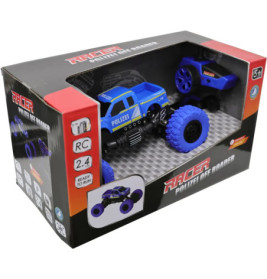 Blaues RC Polizei-Offroad-Auto in schwarz-roter Verpackung, geeignet für Kinder ab 5 Jahren.