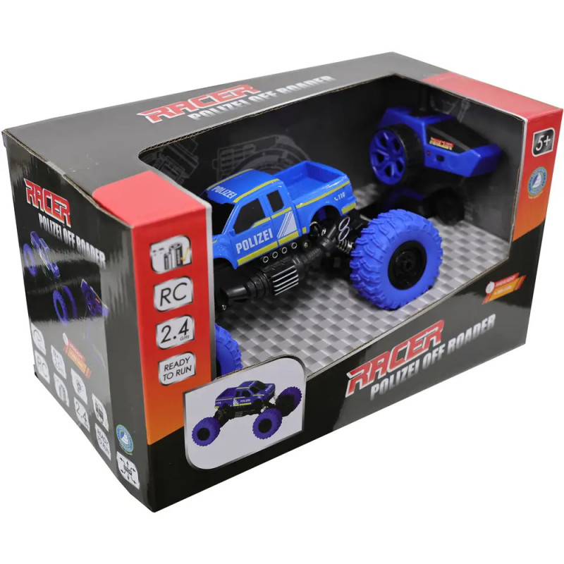 Blaues RC Polizei-Offroad-Auto in schwarz-roter Verpackung, geeignet für Kinder ab 5 Jahren. Blaues RC Polizei-Offroad-Auto in schwarz-roter Verpackung, geeignet für Kinder ab 5 Jahren.