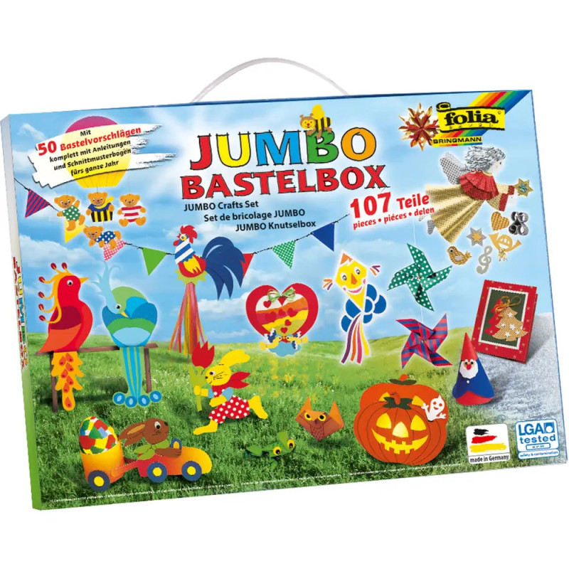 Bunte Jumbo Bastelbox mit Abbildungen verschiedener Papierbasteleien, Tiere und Dekorationen auf der Verpackung. Bunte Jumbo Bastelbox mit Abbildungen verschiedener Papierbasteleien, Tiere und Dekorationen auf der Verpackung.