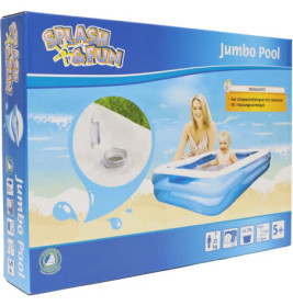 Verpackung des Splash & Fun Jumbo Pools mit lachender Frau und Kind im blauen aufblasbaren Pool.