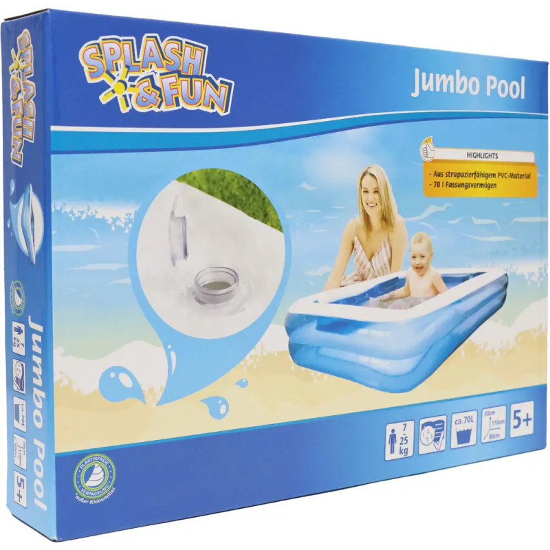 Verpackung des Splash & Fun Jumbo Pools mit lachender Frau und Kind im blauen aufblasbaren Pool.